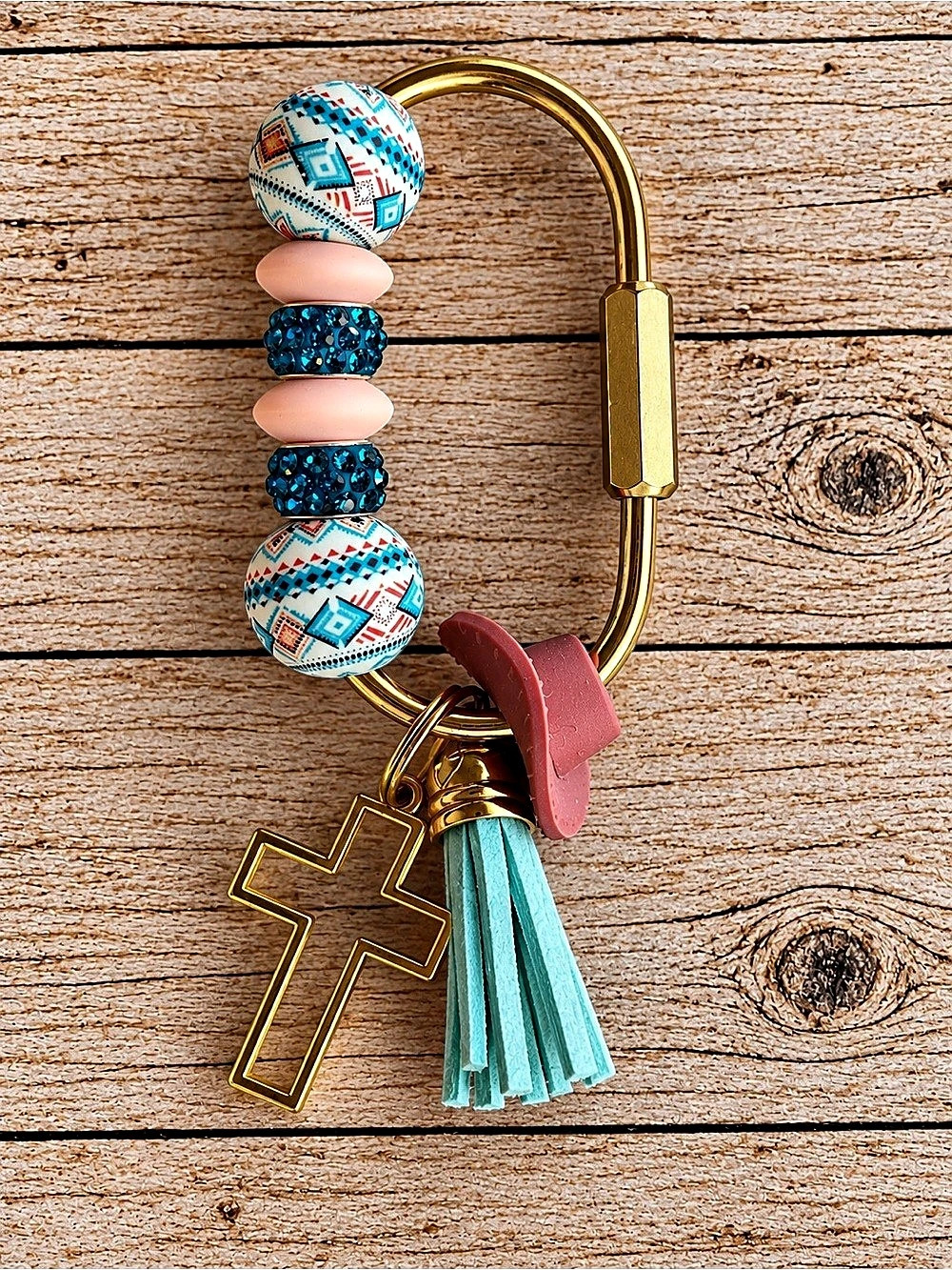 Beaded Gold Purse Charm with Tassel and Cross Western